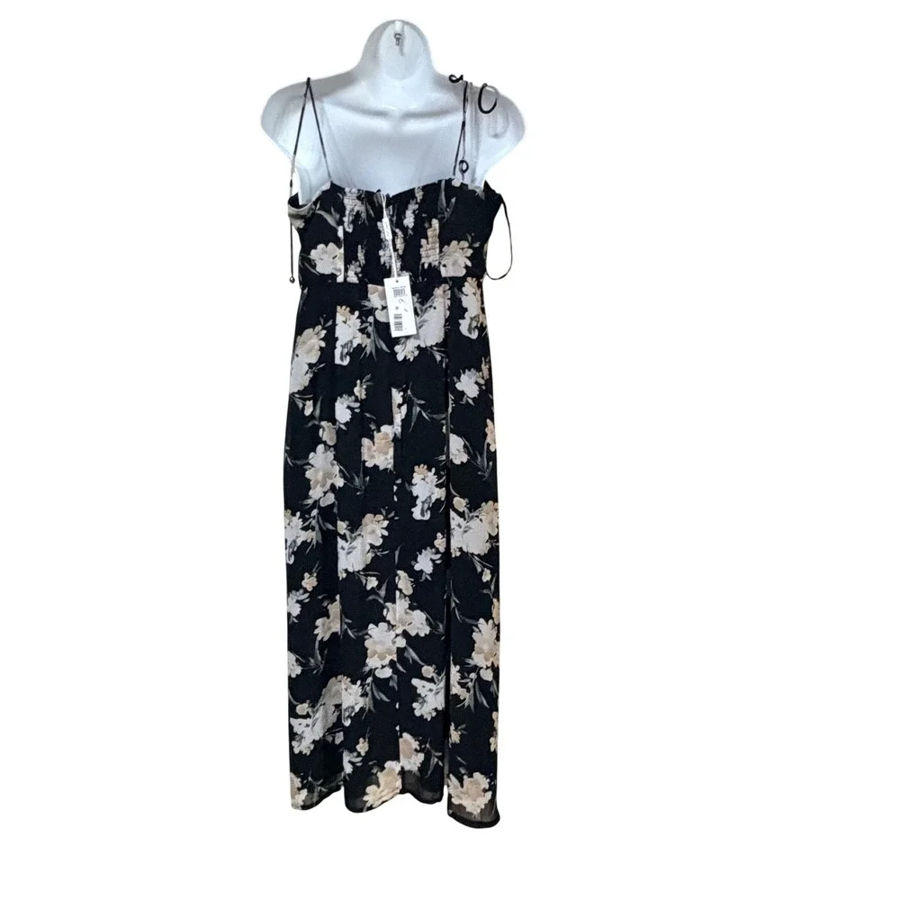 Petal‎ + Pup Womens Black Floral Sweetheart Tie Strap Midi Dress Slit US 12 NEW